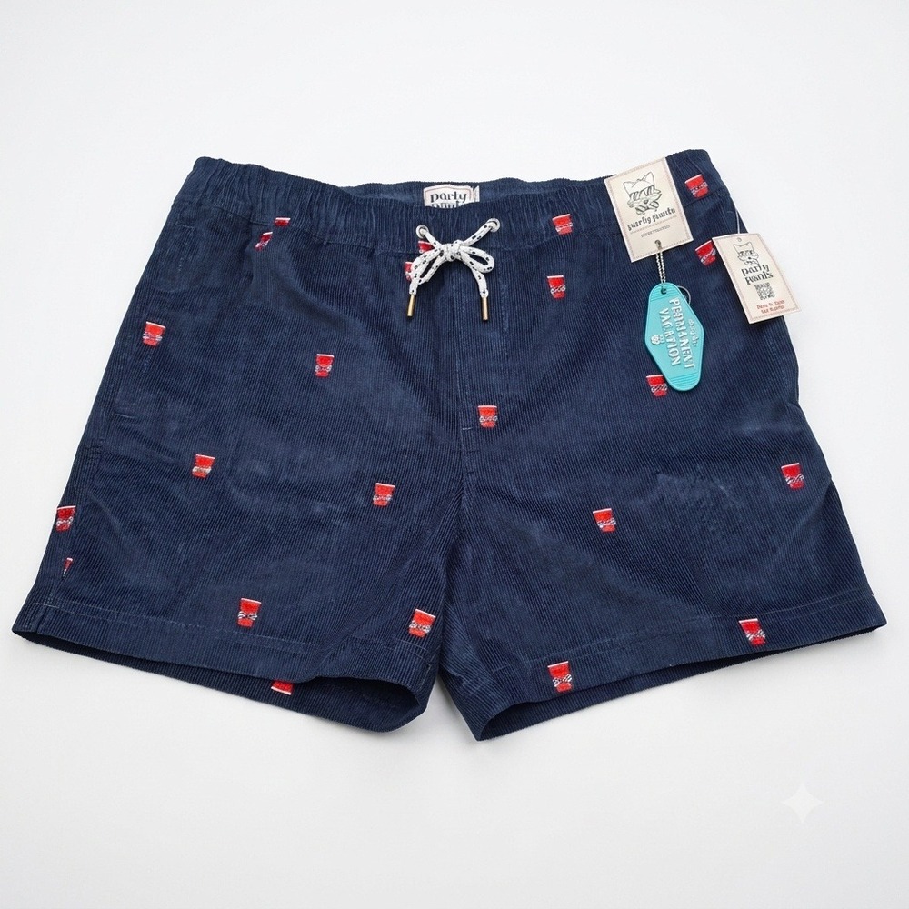 NWT Party Pants Mens Large Shorts OG Cord Party Bevs‎ Navy Blue Corduroy Red Cup